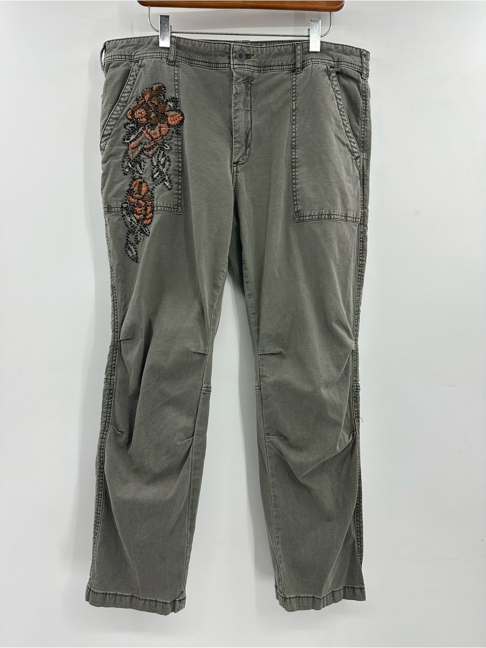 Anthropologie The Wanderer Olive Green Gray Embroidered Beeded Pants Size 32